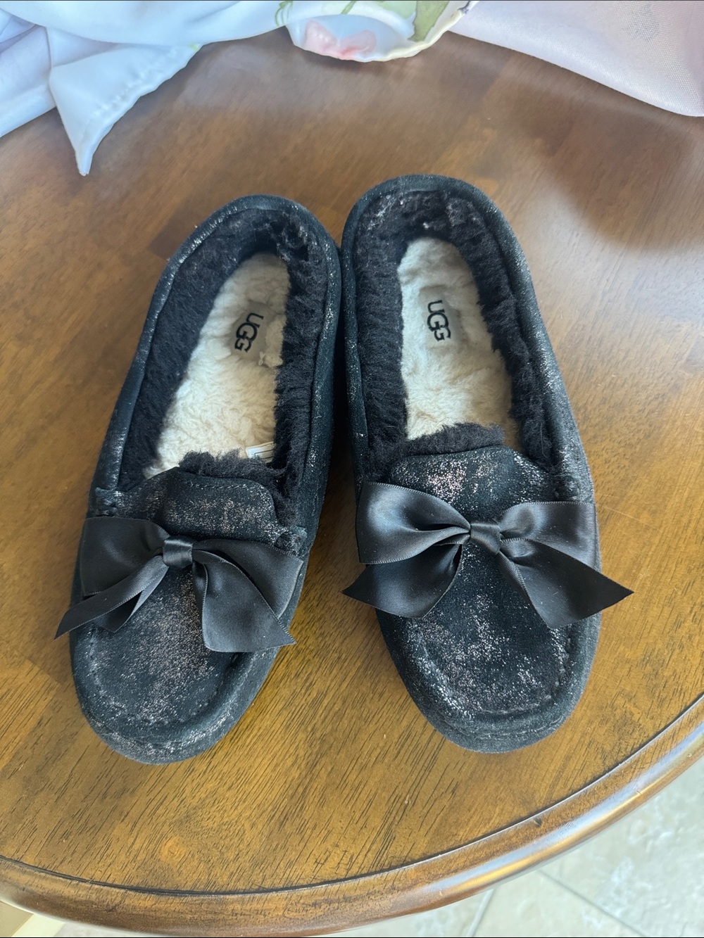 UGG Black Suede Bow Slip-On Slippers